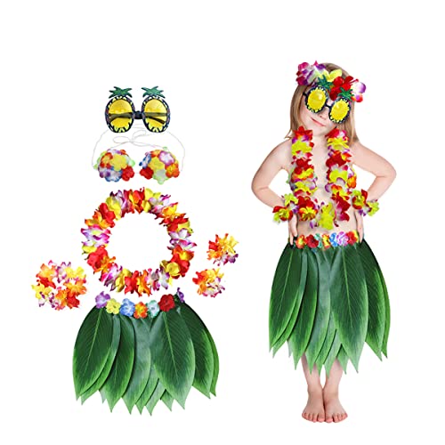 Hawaiianischer Blattrock mit Blume Leis Kostüm Set, Hula Blatt Rock Hawaii Kostüm Set, Hibiskus Blumen Armbänder, Stirnband, Halskette Party Verkleidung für Hula Kostüm und Strandparty von Leezeshaw