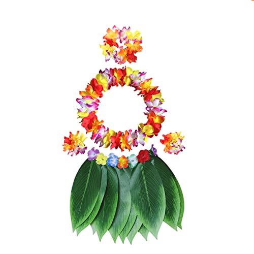 Hawaiianischer Blattrock mit Blume Leis Kostüm Set, Hula Blatt Rock Hawaii Kostüm Set, Hibiskus Blumen Armbänder, Stirnband, Halskette Party Verkleidung für Hula Kostüm und Strandparty von Leezeshaw