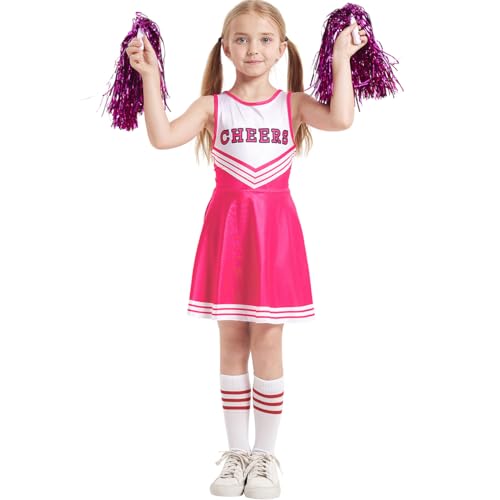 Leezeshaw Cheerleader-Kostüm für Damen und Mädchen, mit passenden Pompons und Socken, Halloween, Highschool-Mädchen, Cheerleader-Outfit, Musikuniform-Set, Rosa, 110 cm von Leezeshaw
