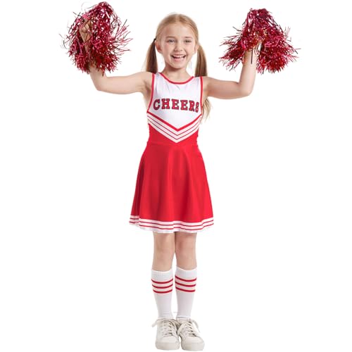 Leezeshaw Cheerleader-Kostüm für Damen und Mädchen, mit passenden Pompons und Socken, Halloween, Highschool-Mädchen, Cheerleader-Outfit, Musikuniform-Set, Rot, 120 cm von Leezeshaw