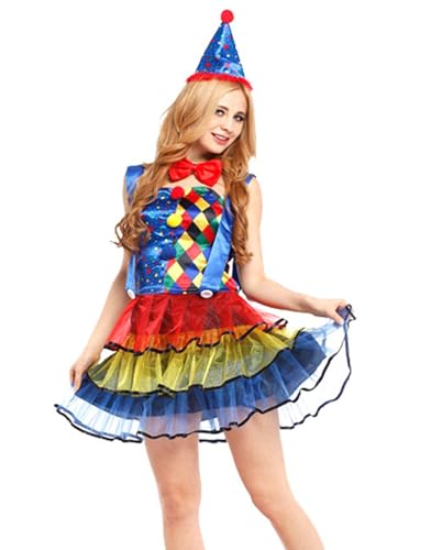 Leezeshaw Clown Cosplay Kostüm Set für Erwachsene Frauen Clown Kleid mit Kopfschmuck Choker Karneval Halloween Zirkus Bühne Outfits von Leezeshaw