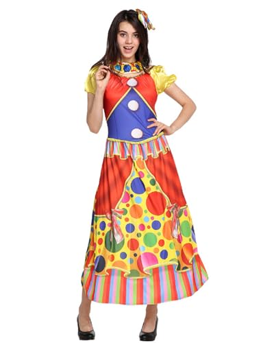 Leezeshaw Clown Cosplay Kostüm Set für Erwachsene Frauen Clown Kleid mit Kopfschmuck Choker Karneval Halloween Zirkus Bühne Outfits von Leezeshaw