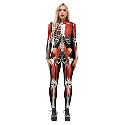 Leezeshaw Damen Roboter-Skelett Halloween Kostüme Anzug, Halloween 3D Roboter Schädel Skelett Lycra Einteiler Bodysuit Verkleidung für Frauen S-XL, Skelett 03, 46 von Leezeshaw