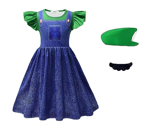 Leezeshaw Halloween Luigi Kostüm Kleid für Mädchen, Kinder Mädchen Super Bros Classic Luigi Klempner Fancy Dress Outfit mit Schnurrbart Hut von Leezeshaw