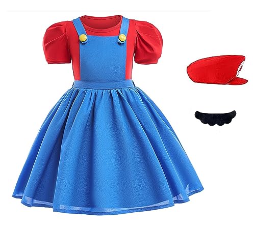 Leezeshaw Halloween Mario Kostüm Kleid für Mädchen, Kinder Mädchen Super Bros Classic Klempner Fancy Dress Outfit mit Schnurrbart Hut von Leezeshaw