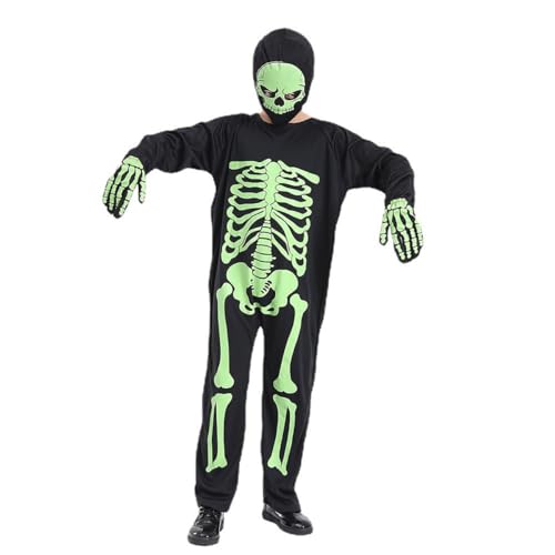 Leezeshaw Jungen Halloween Skelett Kostüm Glow In The Dark, Kinder Skelett Unitard Jumpsuit Fancy Dress Kostüm mit Maske Handschuhe von Leezeshaw