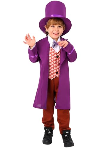 Leezeshaw Jungen Schokoladenfabrik Besitzer Kostüm,Lila Mantel und Fliege,Braun-rote Hose,Übergroßer Hut Willy Wonka Fancy Dress für Kinder von Leezeshaw