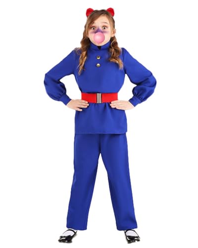 Leezeshaw Kinder Schokoladenfabrik Kostüm Golden Ticket Gewinner Kaugummi kauendes Mädchen Jumpsuit Halloween Cosplay Perform Dress Up von Leezeshaw