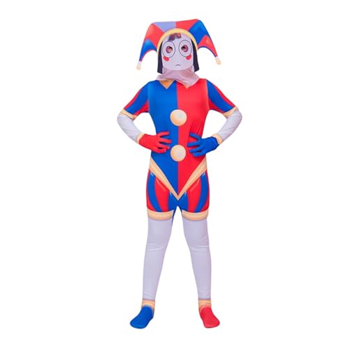 Leezeshaw Pomni Kostüm für Kinder, Erwachsene Kinder Pomni Clown Kostüm, The Amazing Digital Circus Kostüm mit Hut Handschuhe Füße Handschuhe von Leezeshaw