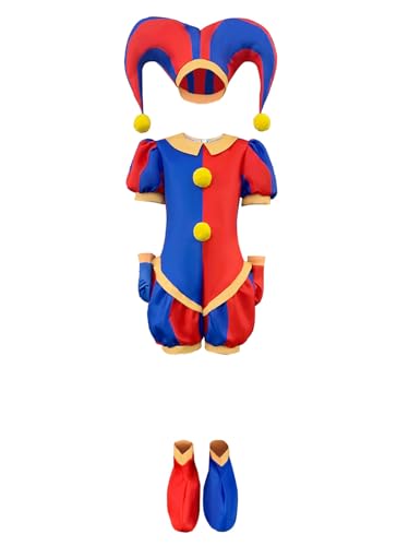 Leezeshaw Pomni Kostüm für Kinder, Erwachsene Kinder Pomni Clown Kostüm, The Amazing Digital Circus Kostüm mit Hut Handschuhe Füße Handschuhe von Leezeshaw