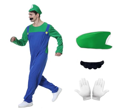Leezeshaw Super Brothers Mario-Kostüm für Herren und Jungen, mit Hut, Handschuhen und Schnurrbart, Unisex, klassisches Klempner-Kostüm, Halloween, Verkleidungs-Outfits von Leezeshaw