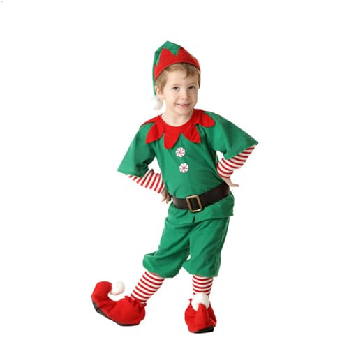 Leezeshaw Weihnachtselfenkostüm für Kinder, Jungen, Unisex, Erwachsene, Herren, Weihnachtsmannhelfer, Elfenkostüm, rote und grüne Oberhose, Gürtel, Elfenmütze mit Ohren und Elfenschuhe, 150 cm von Leezeshaw