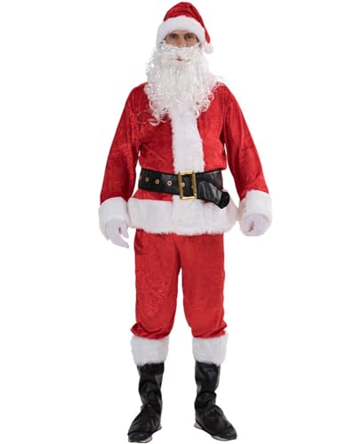 Leezeshaw Weihnachtsmann-Kostüm für Erwachsene, klassisch, 7-teilig, Deluxe-Samt, für Herren und Damen, Outfit-Set, Festival, Party, Verkleiden von Leezeshaw