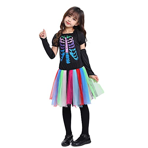 Mädchen Skelett Kostüme, Buntes Skelett Druck Kostüm Kleid mit Golves Leggings für Kinder Halloween Party Cosplay von Leezeshaw
