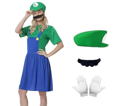 Superbrüder-Kostüm für Damen und Mädchen, Luigi-Kostüm mit Hut, Handschuhen und Schnurrbart, Mario-Luigi-Brüder, klassisches Klempner-Kostüm, Halloween-Kostüm von Leezeshaw