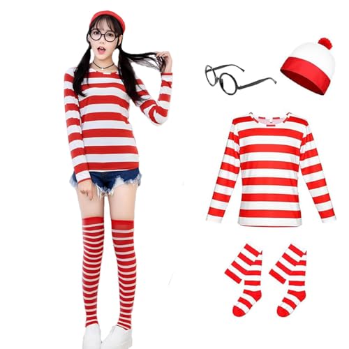 rot-weiß gestreiftes Hemd Waldo Kostüm Damen, Wheres Waldo Kostüm Hemd Hut Nerdbrille Set Verkleidung für Damen L von Leezeshaw