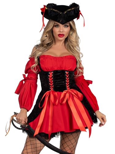 LEG AVENUE 83157 - Samt Piraten Kostüm Mit Schnüren Damen Karneval Kostüm Fasching, XL (EUR 44-46),Rot von LEG AVENUE