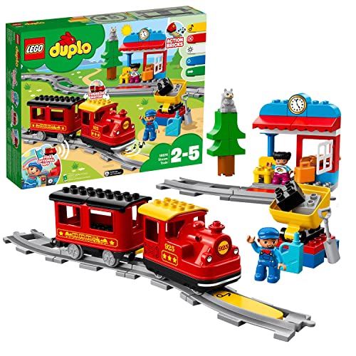 LEGO DUPLO Dampfeisenbahn, Eisenbahn-Spielzeug Steinen mit Tierfigur, Zug-Spielzeug für Jungen und Mädchen, mit Licht & Geräuschen sowie Push-&-Go-Motor, Geschenk für Kinder ab 2 Jahren 10874 von LEGO