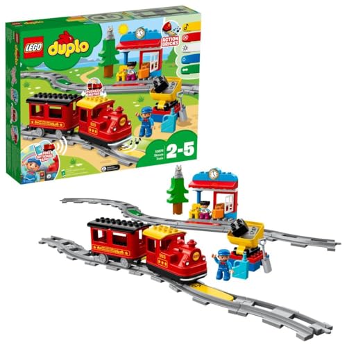 LEGO DUPLO Dampfeisenbahn, Eisenbahn-Spielzeug Steinen mit Tierfigur, Zug-Spielzeug für Jungen und Mädchen, mit Licht & Geräuschen sowie Push-&-Go-Motor, Geschenk für Kinder ab 2 Jahren 10874 von LEGO