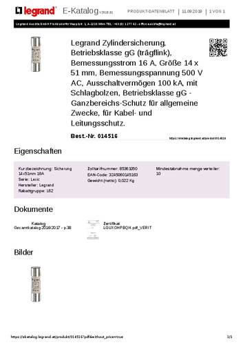Legrand 014516 Zylindersicherung 10A 500 V/AC 10St. von LEGRAND
