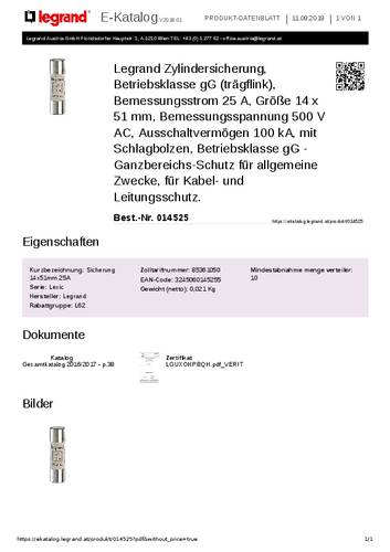 Legrand 014525 Zylindersicherung 25A 500 V/AC 10St. von LEGRAND