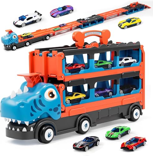 Lehoo Castle Spielzeug ab 3 Jahre Jungen, Autotransporter Spielzeug, Dinosaurier Spielzeug mit 6 Rennwagen von Lehoo Castle