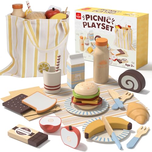 Lehoo Castle Kinderküche Zubehör Holz, Spielküche Zubehör mit Obstdessert, Spielzeug ab 3 Jahre, Picknickspielzeug mit Klett-Verbindung, Holzspielzeug, Jungen und Mädchen Geschenke 3 Jahre von Lehoo Castle