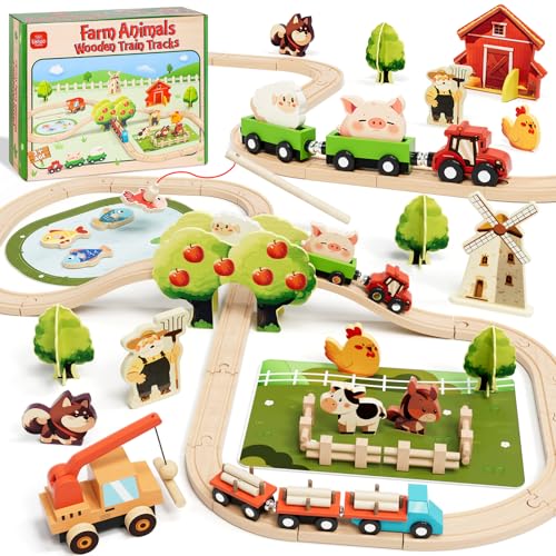 Lehoo Castle Holzeisenbahn, Eisenbahn Kinder, Holz Bauernhof Spielzeug ab 3 Jahre, Zug Spielzeug für Kinder ab 3 4 5 von Lehoo Castle