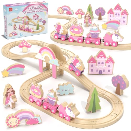 Lehoo Castle Holzeisenbahn für Mädchen, Holz Eisenbahn Kinder, Eisenbahn Holz, Einhorn Spielzeug, Spielzeug ab 3 4 5 Jahre Mädchen von Lehoo Castle