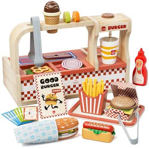 Lehoo Castle Kinderküche Zubehör, kaufladen Zubehör Holz, Kaufmannsladen Zubehör, Spielen Sie Hamburger Shop, Mädchen Geschenke 3 Jahre, Spielküche Zubehör Spielzeug ab 3 Jahre von Lehoo Castle