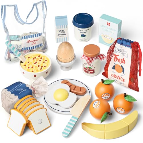 Lehoo Castle Montessori Lernspielzeug Frühstück Spielset für Kinder ab 3 Jahren, Holz Spielküche Zubehör, Rollenspiel-Küchenset Kinderküche Zubehör mit Pfannkuchen, Eiern, Toast von Lehoo Castle