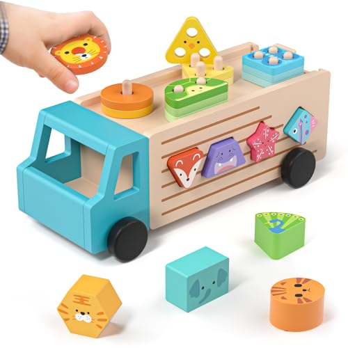 Lehoo Castle Montessori Holzspielzeug LKW, Steckspiel ab 1 Jahr, Farben & Formen Sortierspiel, Tierbausteine Motorikwürfel, Lernspielzeug Geschenk für Mädchen Jungen Kinder Kleinkind ab 1 2 3 Jahr von Lehoo Castle