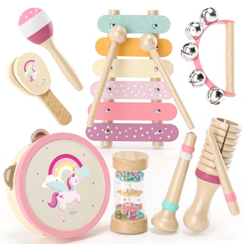 Lehoo Castle Musikinstrumente für Kinder, Montessori Holzspielzeug ab 2 3 Jahre, Instrumente Set mit Xylophone Trommel für Kindergarten, Musik Lernspielzeug Geschenk für Baby Mädchen Junge (Einhorn) von Lehoo Castle