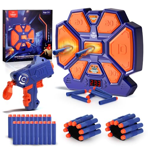 Lehoo Castle Nerf Zielscheibe, Elektronische Zielscheibe für Nerf Pistole, Digitale Zielscheibe mit Licht Sound Effekte, mit 1 Spielzeug Pistole, 20 Schaumstoff Munition, 2 Handgelenkbänder（Blau） von Lehoo Castle