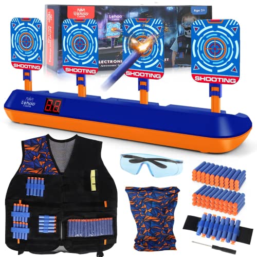 Lehoo Castle Nerf Zielscheibe, Nerf Zielscheibe Elektrisch mit Taktische Weste, 4 Ziele Auto-Reset Zielscheibe für nerf mit Licht, Sounds und Foam Darts Pfeile, Geschenk für Jungen (Blau) von Lehoo Castle