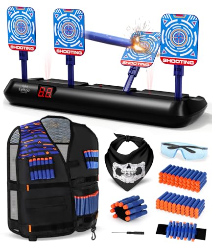 Lehoo Castle Nerf Zielscheibe, Nerf Zielscheibe Elektrisch mit Taktische Weste, 4 Ziele Auto-Reset Zielscheibe für nerf mit Licht, Sounds und Foam Darts Pfeile, Geschenk für Jungen (Schwarz) von Lehoo Castle