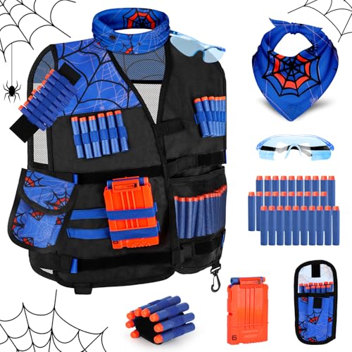 Lehoo Castle Taktische Weste Jacke Set für Nerf Guns, Taktische Weste für Kinder mit 30 Darts, Brille, Schnell Nachladen Clips, Maske und Armbände（für Spider-Man） von Lehoo Castle