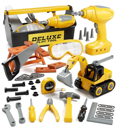 Lehoo Castle Werkzeugkoffer Kinder Werkzeug mit Elektrische Bohrmaschine ＆ Mini-Werkbank ＆ Bagger Kinderspielzeug, Rollenspiel Montessori Spielzeug ab 2 3 4 5 6 7 Jahre Jungen Mädchen von Lehoo Castle