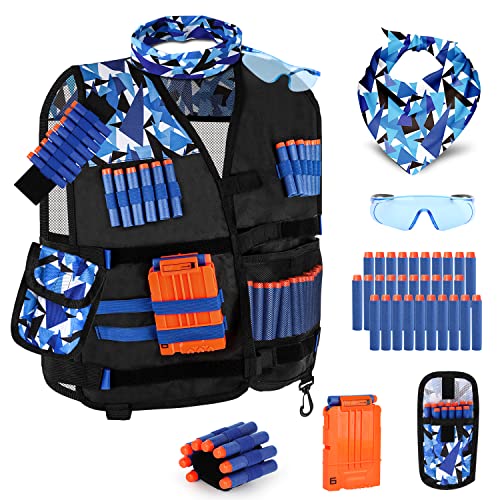 Lehoo Castle Taktische Weste Jacke Set für Nerf Guns N-Strike Elite, Taktische Weste für Kinder, mit 30 Darts, Brille, Schnell Nachladen Clips, Maske und Armbände（Blau） von Lehoo Castle