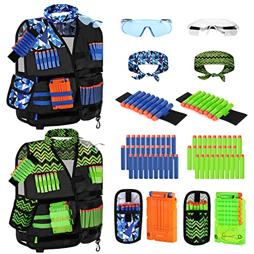 Lehoo Castle 2er Taktische Weste Jacke Set für Nerf Guns N-Strike Elite, Taktische Weste für Kinder, mit 60 Darts, 2 Brille, 2 Schnell Nachladen Clips, 2 Maske und 2 Armbände von Lehoo Castle