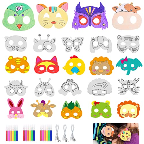 24 Masken für Kinder Tiermasken Blanko Bemalen Masken mit Bungee-Strings und 18 Farbigen Aquarell-Pinsel, zum selbst Bemalen und Gestalten, für Kinder Mädchen Junge Kindergeburtstage Cosplay von Leikedun