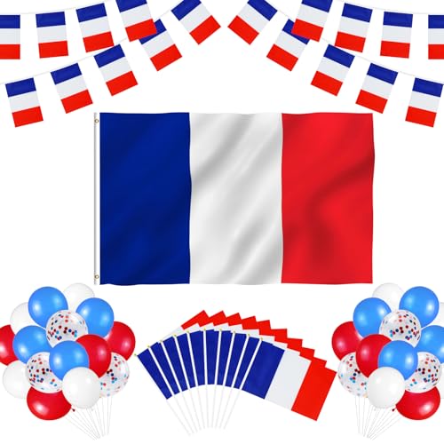 61 Frankreich-Flagge, große französische Flagge, 90 x 150 cm, 5 m, Bannergirlande, 10 französische Flaggen, 30 französische Luftballons, Partydekoration zum Thema Patriotismus Geburtstag 61 Frankreich-Flagge, große französische Flagge, 90 x 150 cm, 5 m, Bannergirlande, 10 französische Flaggen, 30 französische Luftballons, Partydekoration zum Thema Patriotismus Geburtstag von Leikedun
