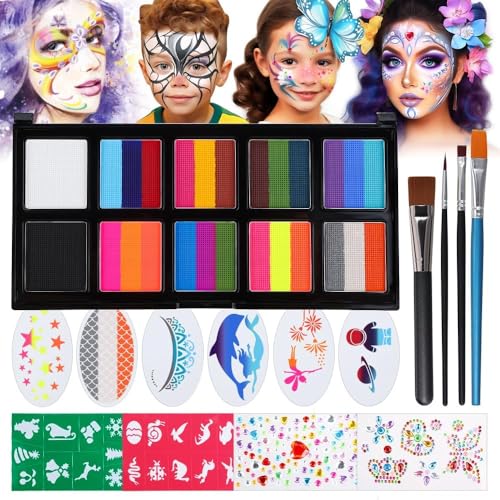 Gesichtsbemalungsset für Kinder, 26 Farben, 4 Pinsel, hypoallergen, mit Schablonen und Designs für Partys, Karneval und Halloween Gesichtsbemalungsset für Kinder, 26 Farben, 4 Pinsel, hypoallergen, mit Schablonen und Designs für Partys, Karneval und Halloween von Leikedun