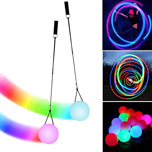 LED Poi Bälle: 2 Stück Poi Ball Set LED Glow Poi Kugeln mit Regenbogen Farben und Strobe-Effekt,POI Jonglierbälle mit verstellbaren Doppelschlaufen Leinen, LED Poi für Anfänger und Profis von Leikurvo