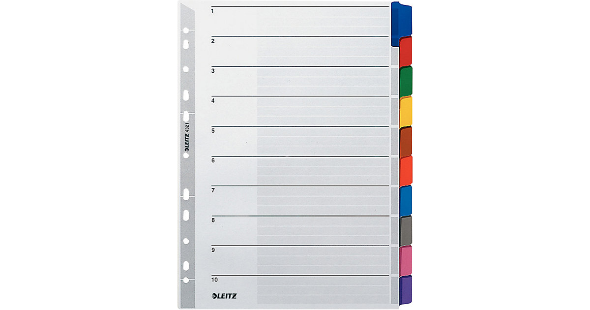 Register 4321 Blanko Karton, mit farbigen Tabs, A4, 10 Blatt von Leitz