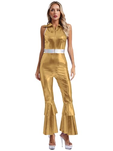 Lejafay 70er Jahre Disco Style Kostüm Für Damen Glitzernder Metallischer Overall Mit Glockenhosen Doppellagig Mit Klappe Und Reißverschluss Karnevalskostüm S3xl Gold XXL Lejafay 70er Jahre Disco Style Kostüm Für Damen Glitzernder Metallischer Overall Mit Glockenhosen Doppellagig Mit Klappe Und Reißverschluss Karnevalskostüm S3xl Gold XXL von Lejafay