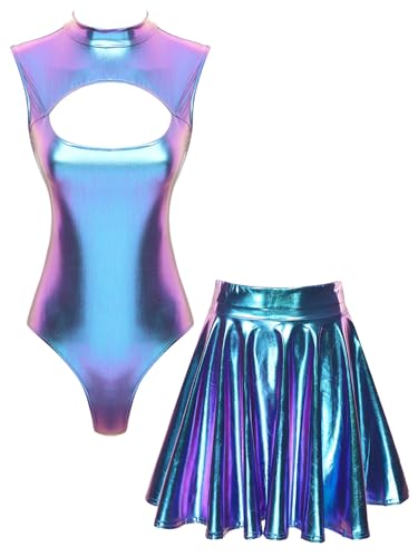 Lejafay Glitzerndes Partykleid Mit Weltraumglitzer Alienkostüm Für Damen Ärmelloses Top Mit Rock Metallischer Skaterrock Discokleid Clubwear Größe Sxl Blau L von Lejafay