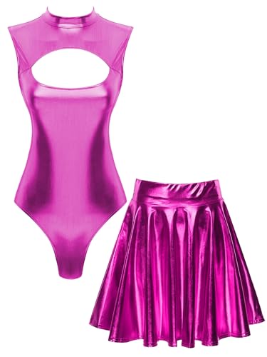 Lejafay Glitzerndes Partykleid Mit Weltraumglitzer Alienkostüm Für Damen Ärmelloses Top Mit Rock Metallischer Skaterrock Discokleid Clubwear Größe Sxl Knalliges Pink L von Lejafay