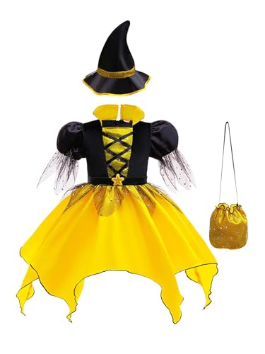 Lejafay Kinder Mädchen Hexenkostüm Prinzessin Hexen Kleid Halloween Hexe mit Kostüm Hexenhut Hexenkessel Karneval Outfits Gr.92-158 Gelb Schwarz 104-110 von Lejafay