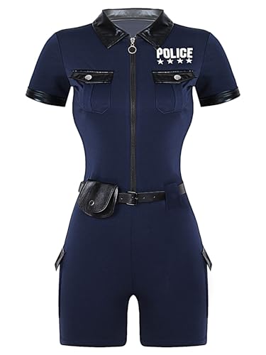 Lejafay Polizei Kostüm Für Damen Kurzärmelige Marineblau Oder Schwarz Mit Reißverschluss Klappe Und Gürtel Bauchtasche Cosplay Kostüm Halloween Karneval Sxl Marineblau XXL von Lejafay